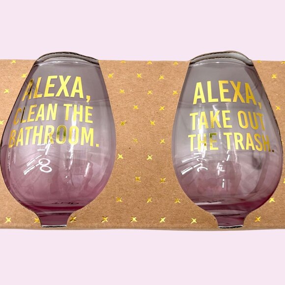 NIB SET OF 4 STEMLESS FUNNY ALEXA CHORES PINK PURPLE OMBRE 16 OZ WINE GLASSES - Picture 2 of 6